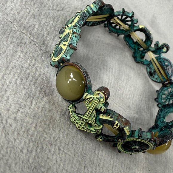 Nautical-Themed Stretch Bracelet Aged Patina Finish Tan Green Accents Distressed - Picture 4 of 16